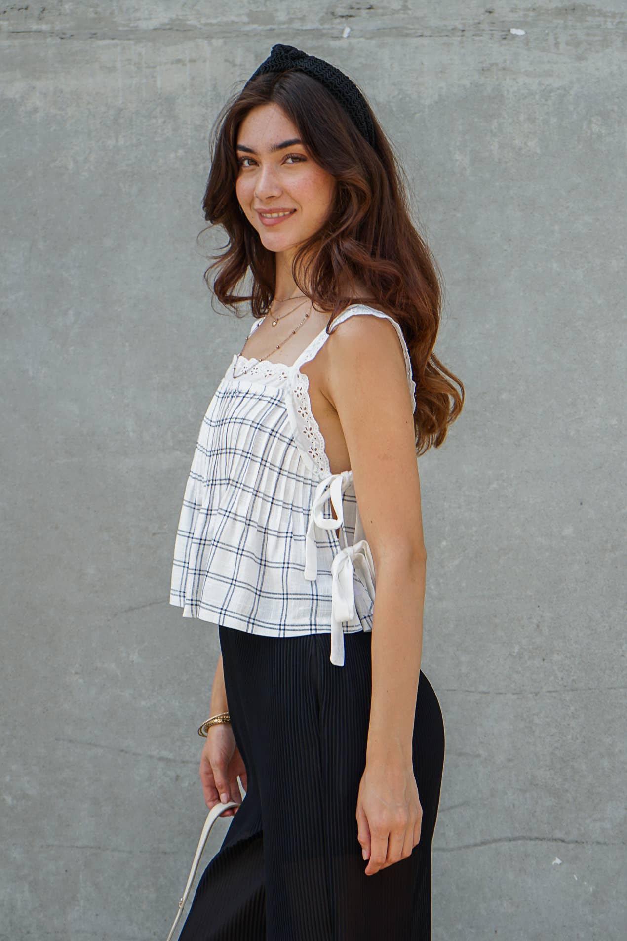 Plaid Lace Trim Side-Tie Crop Top