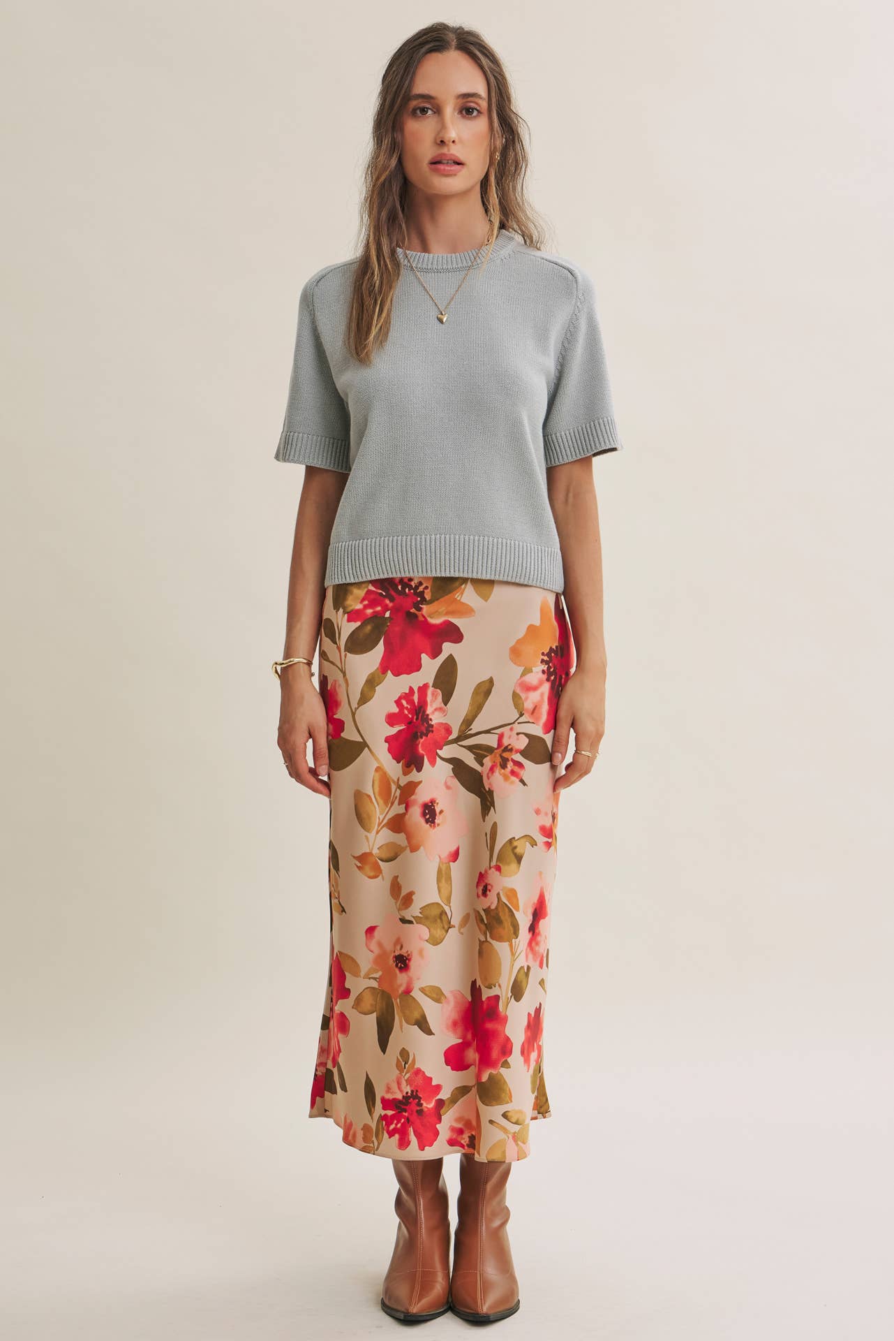 DRAPES SMOOTHLY SOFT FLORAL SATIN BIAS CUT MIDI SKIRT