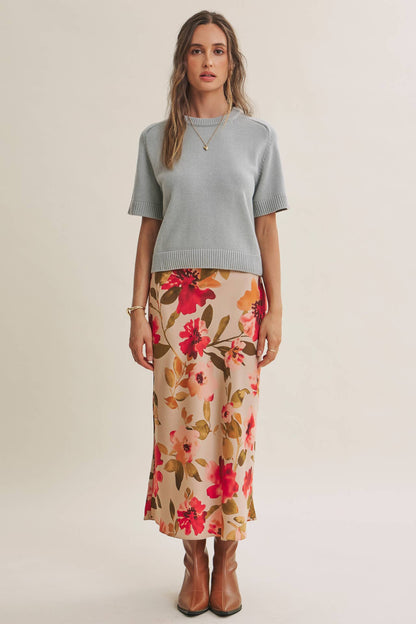 DRAPES SMOOTHLY SOFT FLORAL SATIN BIAS CUT MIDI SKIRT