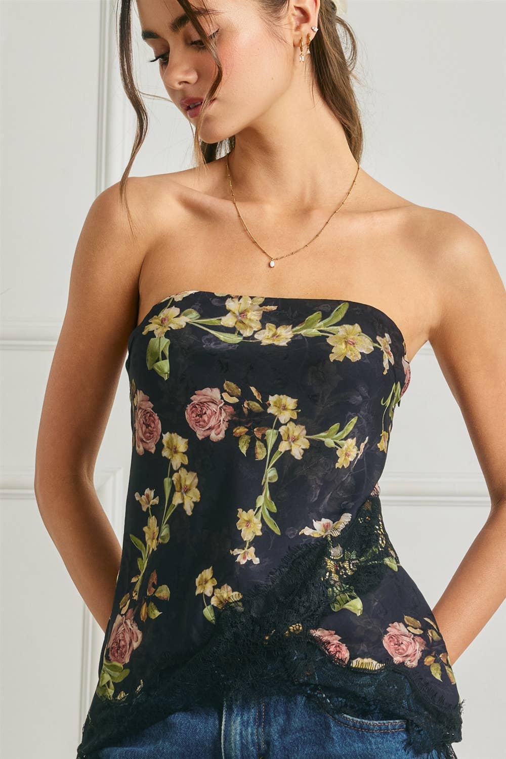 Floral Asymmetrical Lace Hem Tube Top