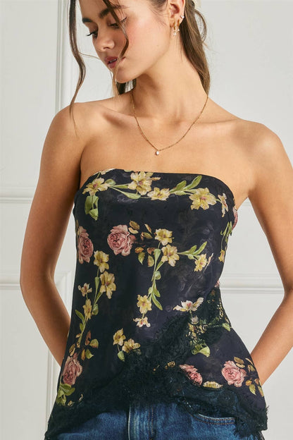 Floral Asymmetrical Lace Hem Tube Top