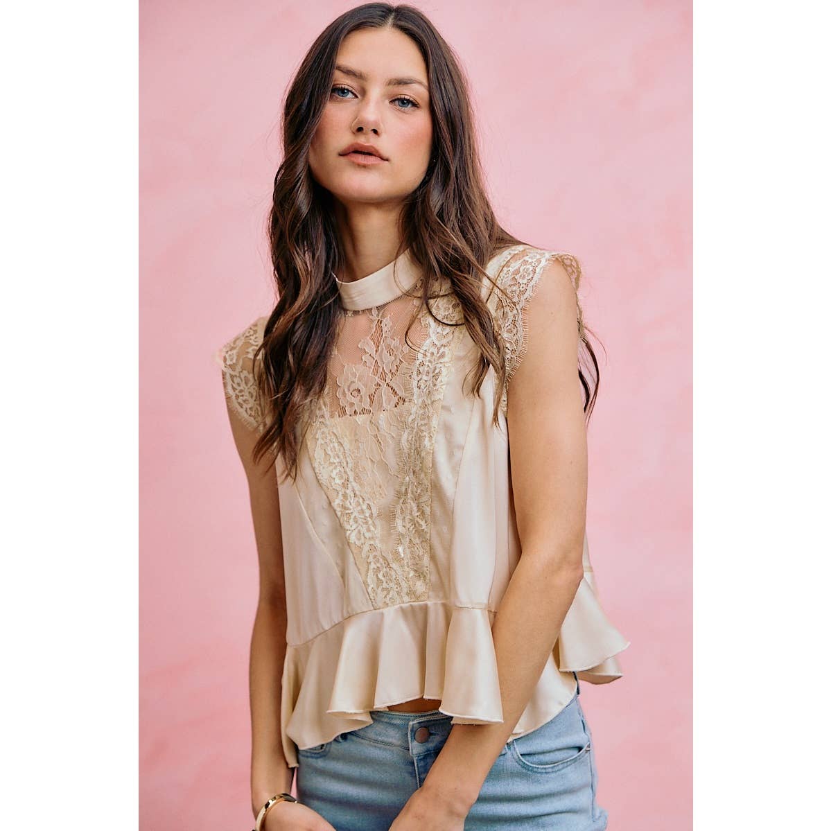 SATIN MOCK NECK LACE TRIM PEPLUM BLOUSE TOP