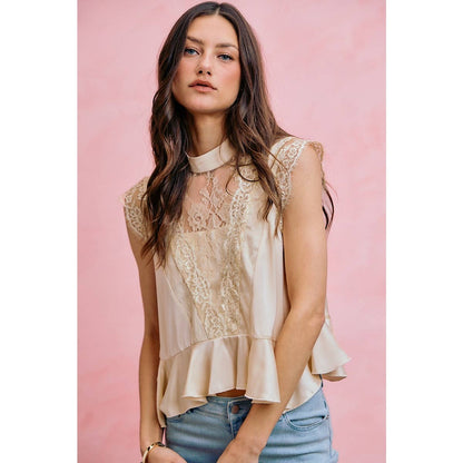 SATIN MOCK NECK LACE TRIM PEPLUM BLOUSE TOP