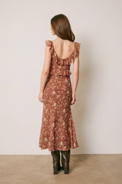 Floral Cowl Neck Ruffled Midi Dress