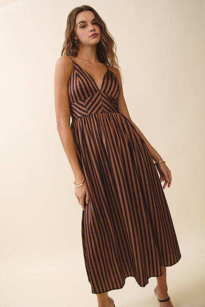 Striped V Neck Smocked Back Midi Dress