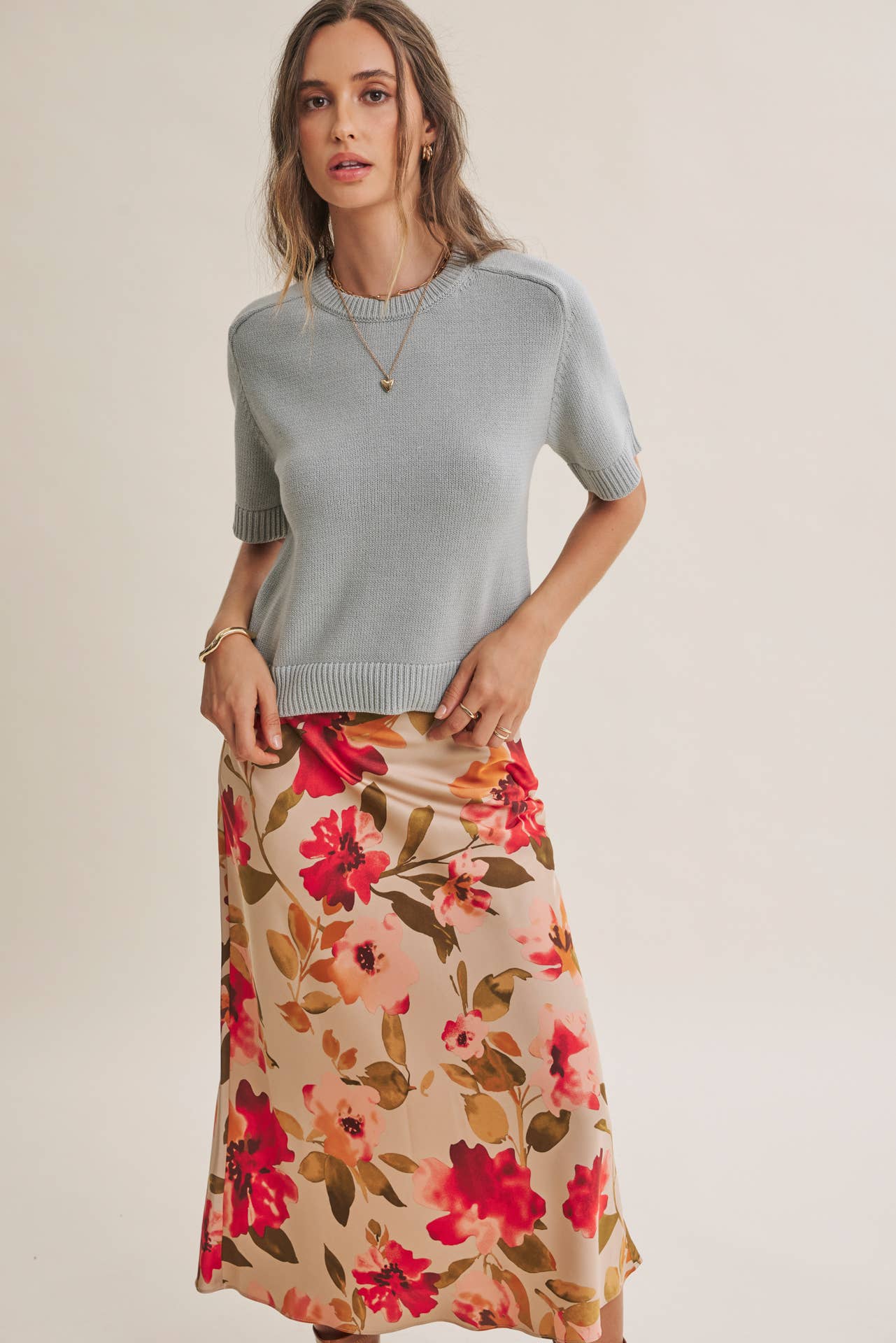 DRAPES SMOOTHLY SOFT FLORAL SATIN BIAS CUT MIDI SKIRT