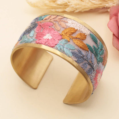 Faded Floral Pastel Embroidered Fabric Cuff Bracelet
