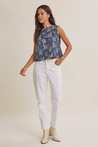 COASTAL DAY CHAMBRAY EMBROIDERED BLOUSE WITH BACK BOW