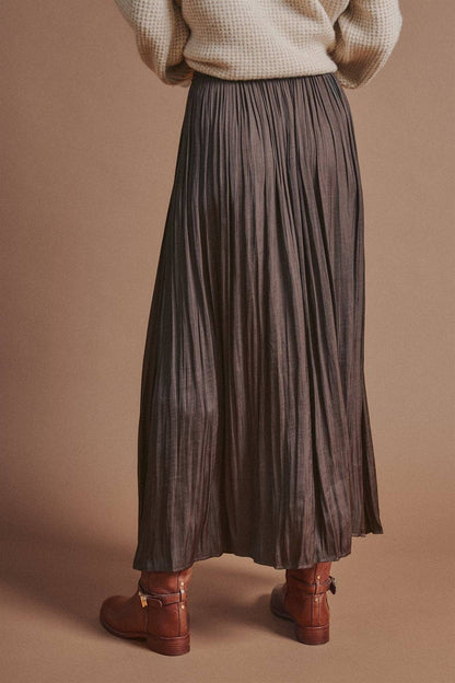 Washed Satin Crinkle Pleated Maxi Skirt