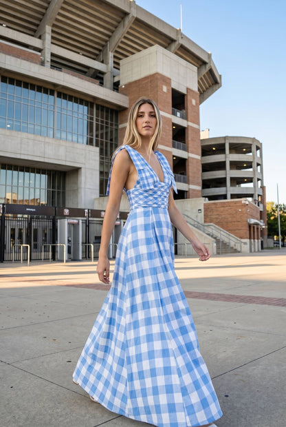 Check Pattern Tie Shoulder Maxi Dress
