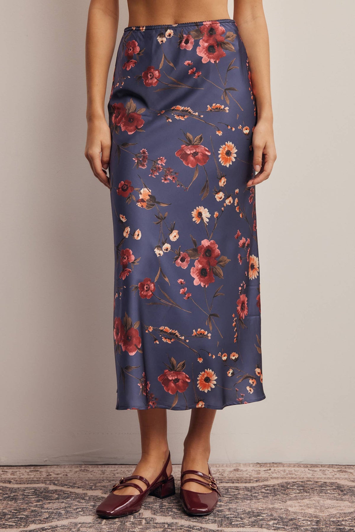 Floral Satin Midi Skirt