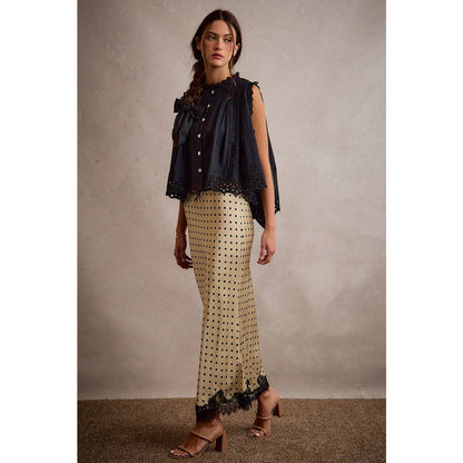 POLKA DOT SATIN LACE TRIM MAXI SKIRT
