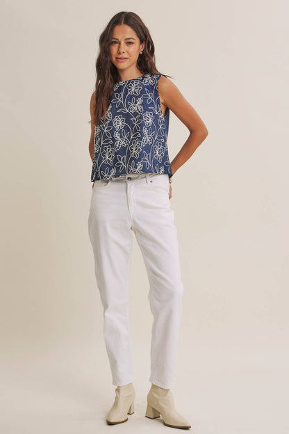 COASTAL DAY CHAMBRAY EMBROIDERED BLOUSE WITH BACK BOW