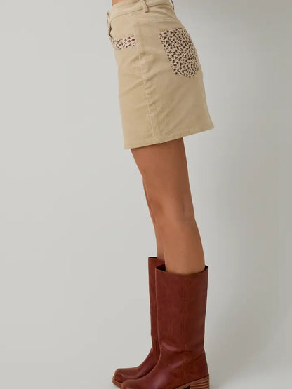 Cream Corduroy w/ Floral Detail Mini Skirt