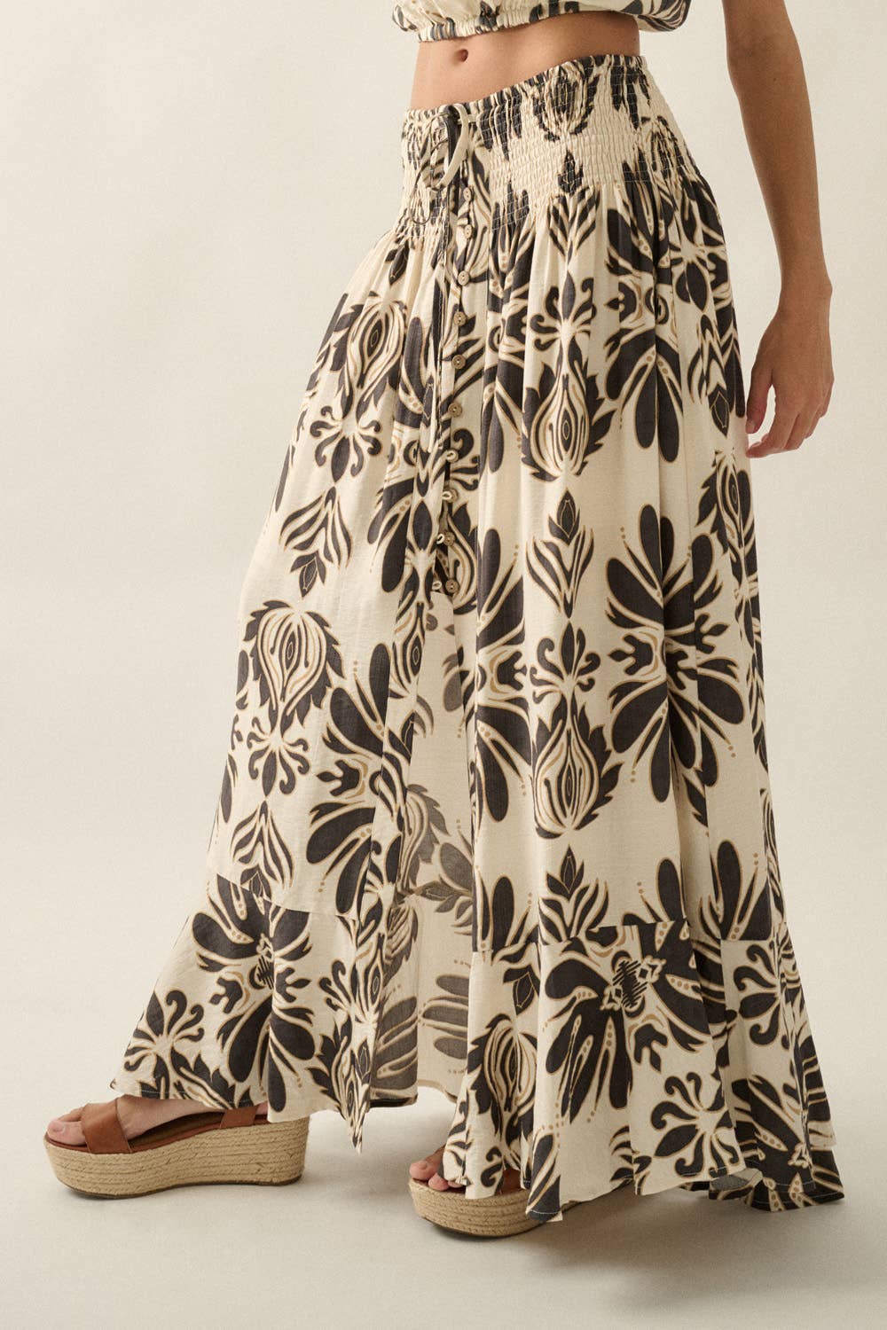 Ornate Floral-Print Button-Front Drawstring Maxi Skirt