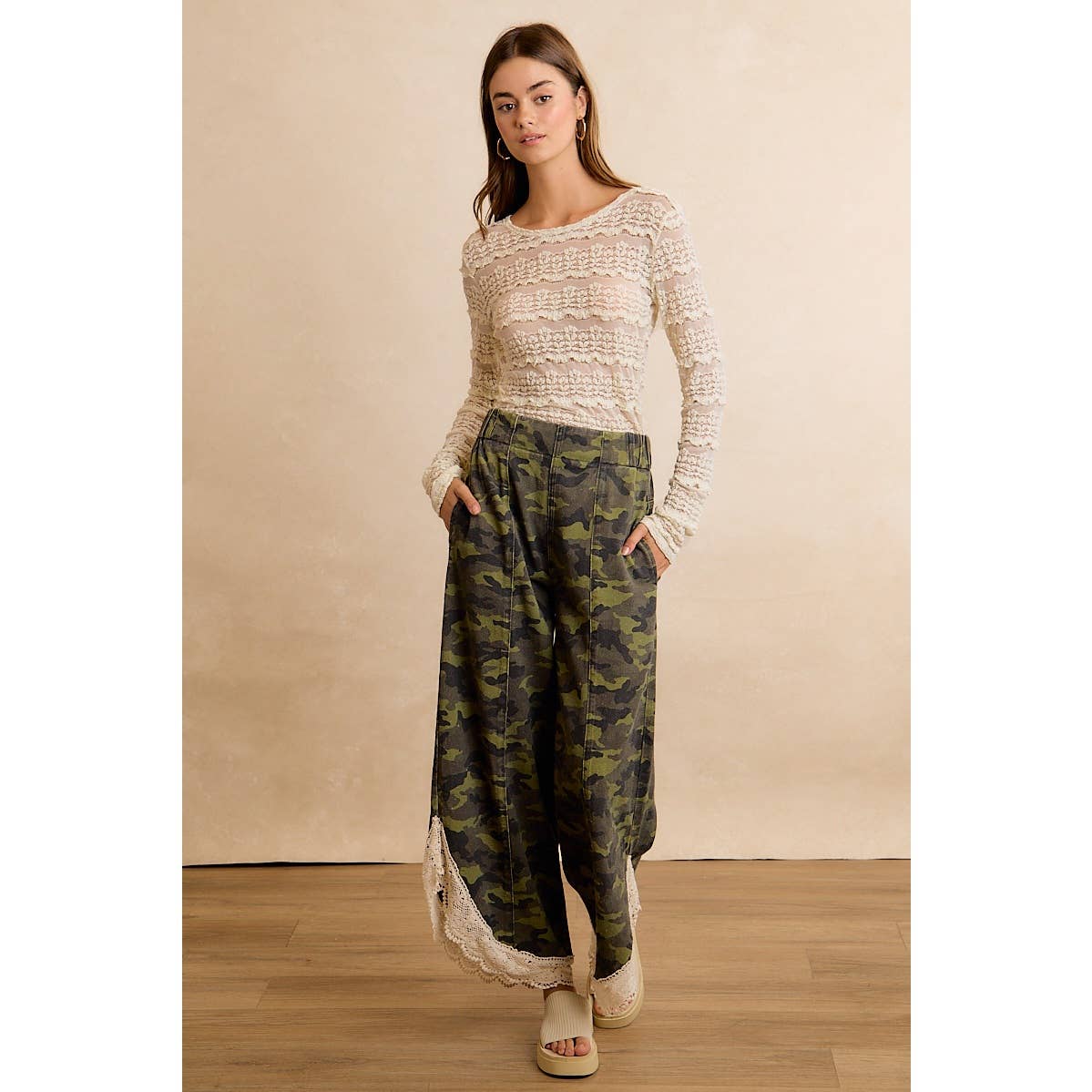 CAMO PRINT LACE HEM FULL LENGTH WIDE LEG PANTS