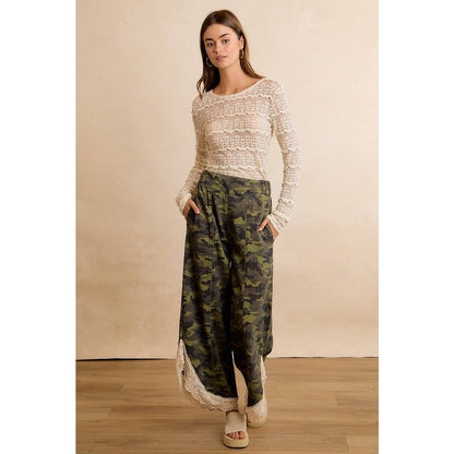 CAMO PRINT LACE HEM FULL LENGTH WIDE LEG PANTS