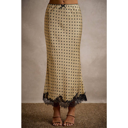 POLKA DOT SATIN LACE TRIM MAXI SKIRT