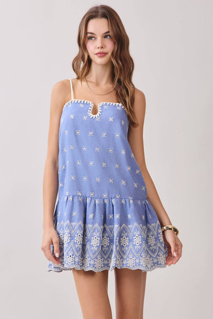 Contrast Straps Embroidered Detail Mini Dress