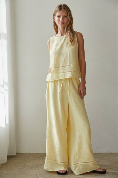L9511B | Woven Cotton Waist Tie Strap Wide Leg Pants