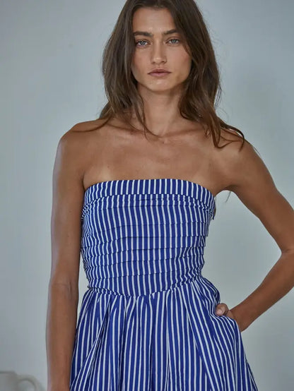 Striped Strapless Flare Maxi Dress