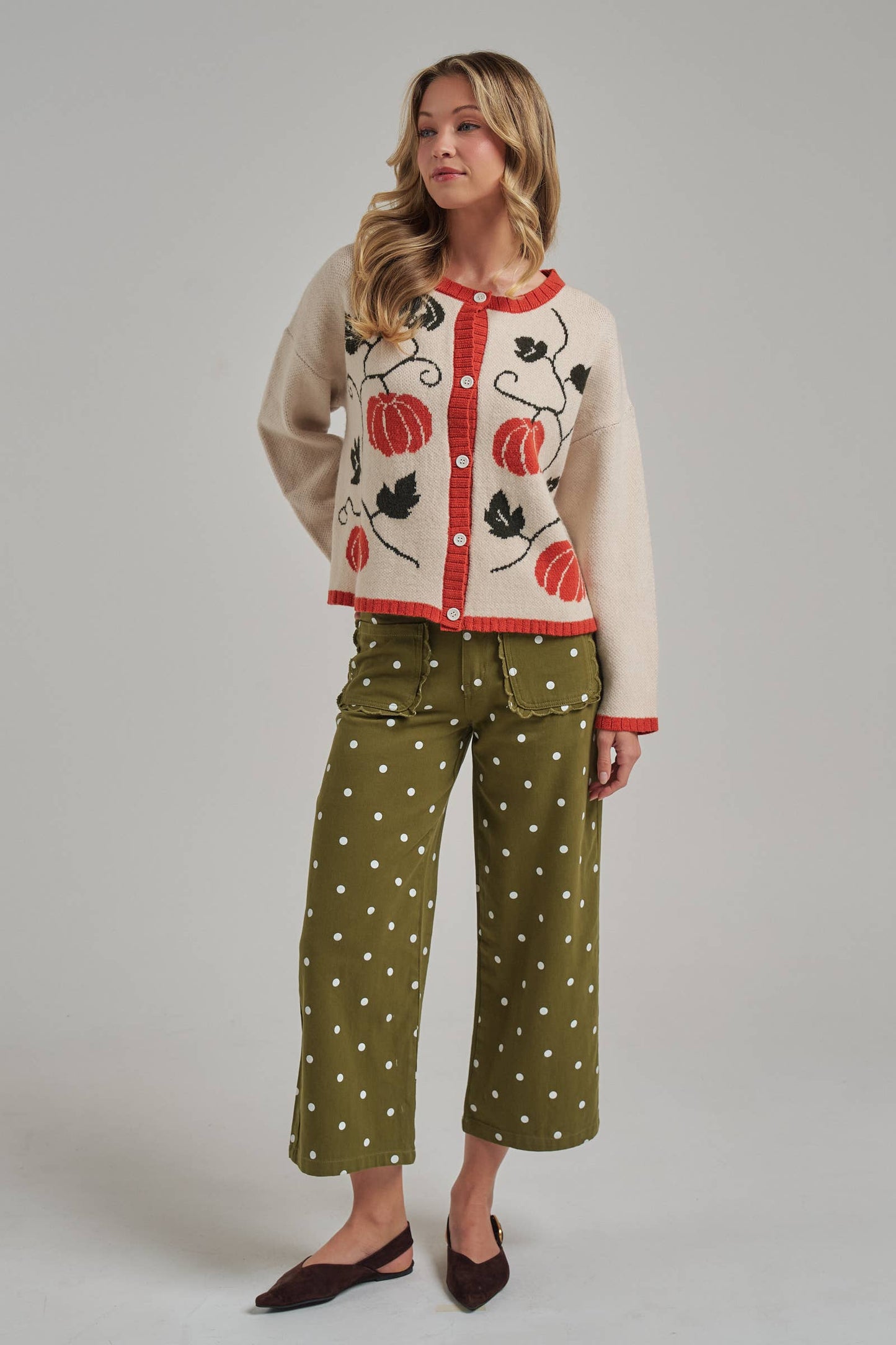 WIDE LEG POLKA DOT TWILL PANTS SCALLOP POCKET