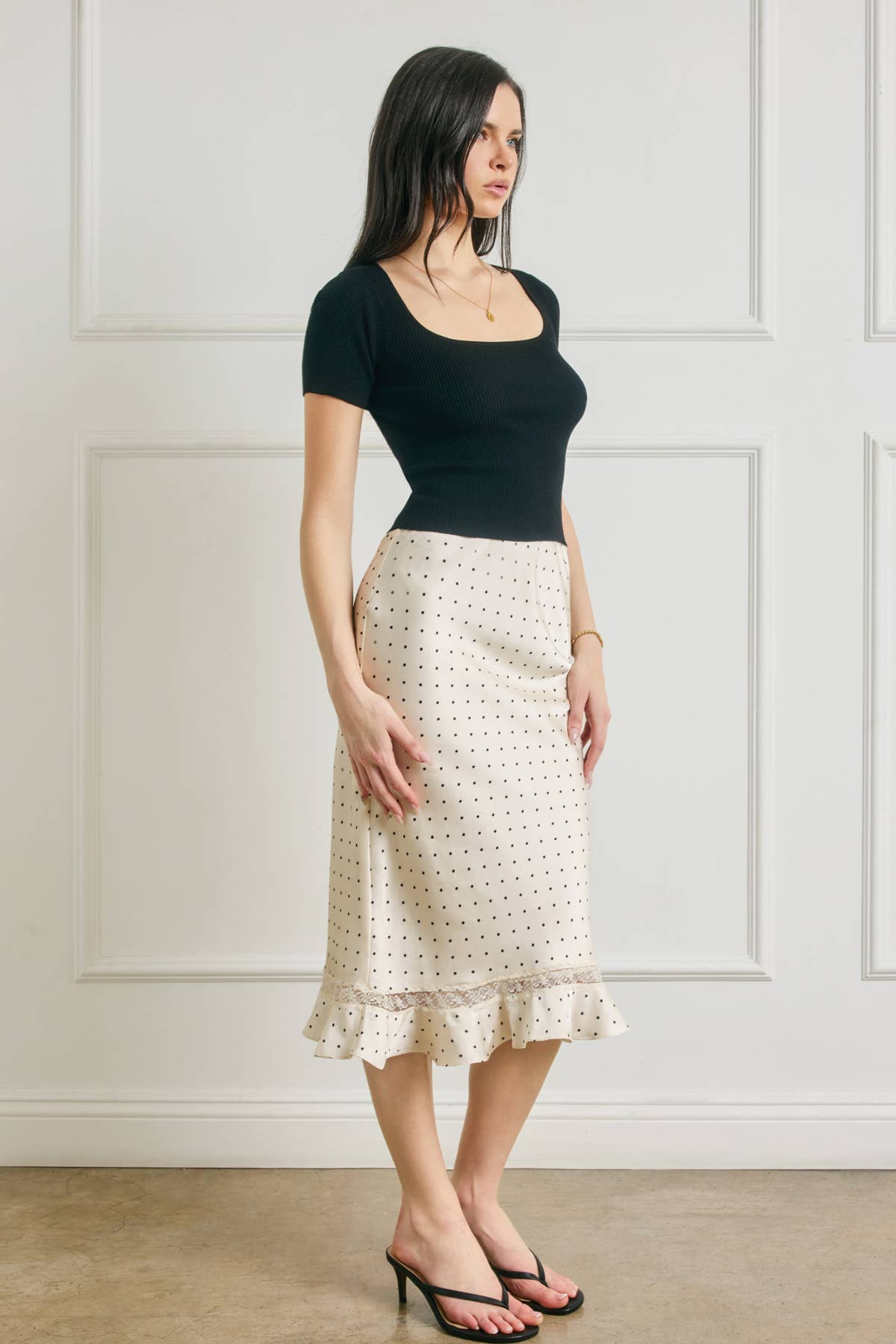 Polka Dot Lace Inset Ruffled Skirt