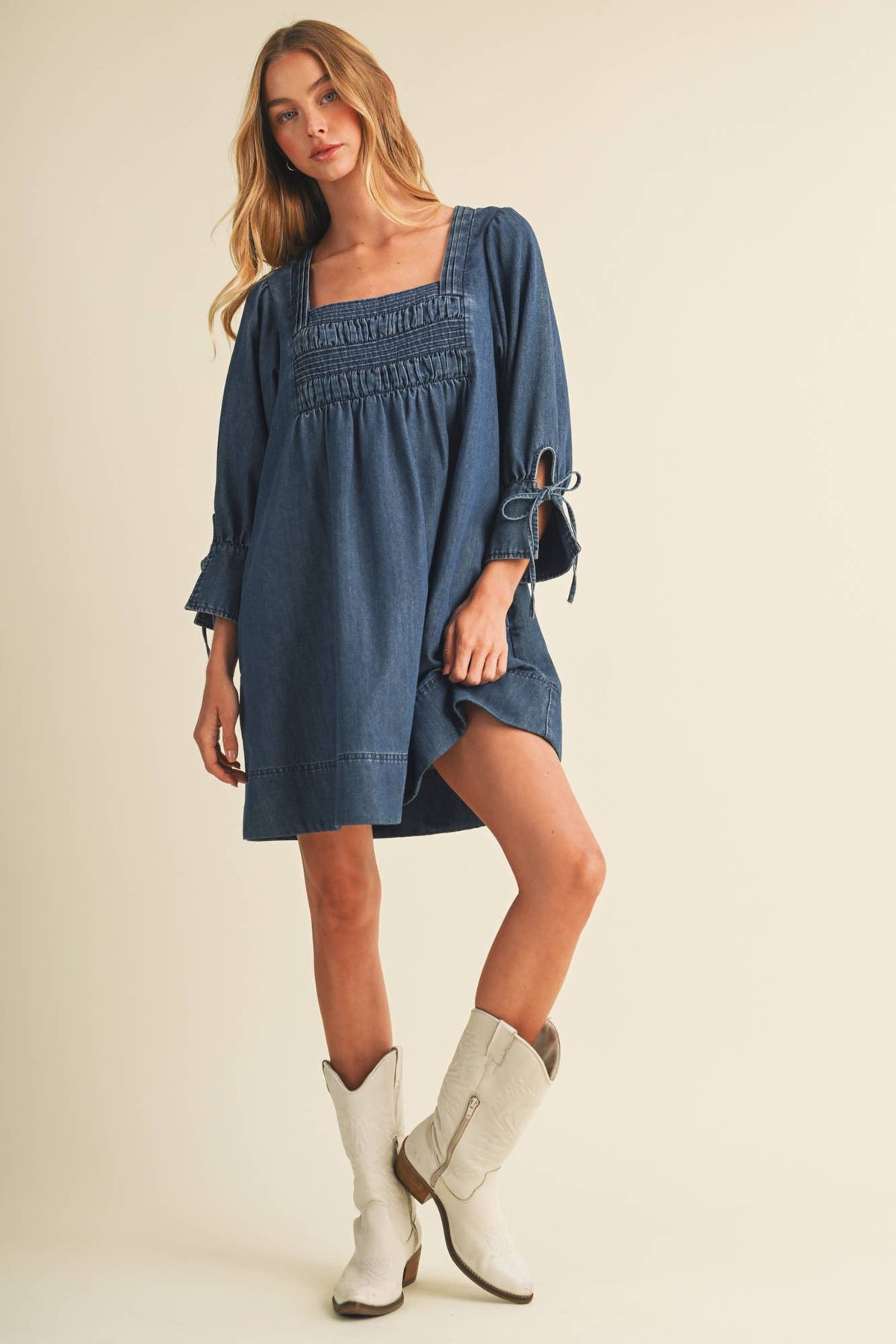 Square-Neck Smocked Denim Trapeze Dress