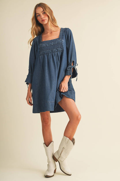 Square-Neck Smocked Denim Trapeze Dress