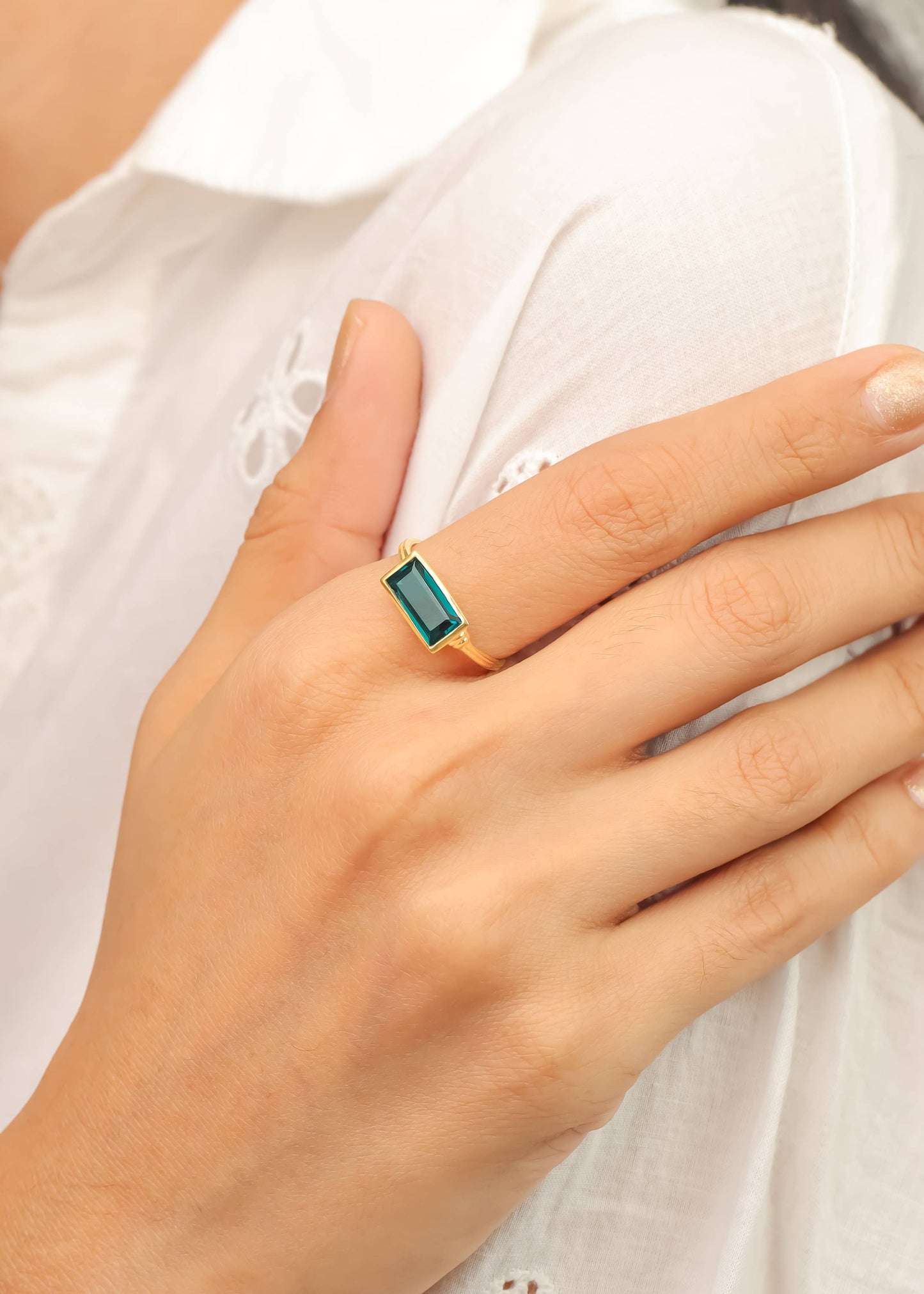 Gold Plated Rectangular London Blue Quartz Minimalist Ring