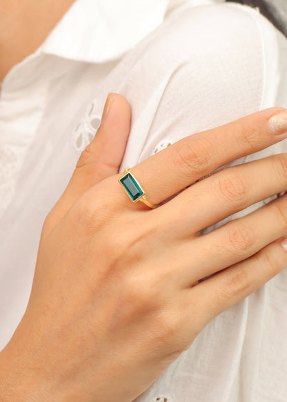 Gold Plated Rectangular London Blue Quartz Minimalist Ring