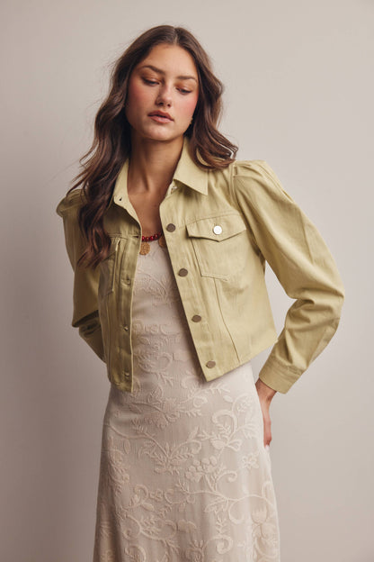 Lightweight Twill Puff-Sleeve Cropped Jacket