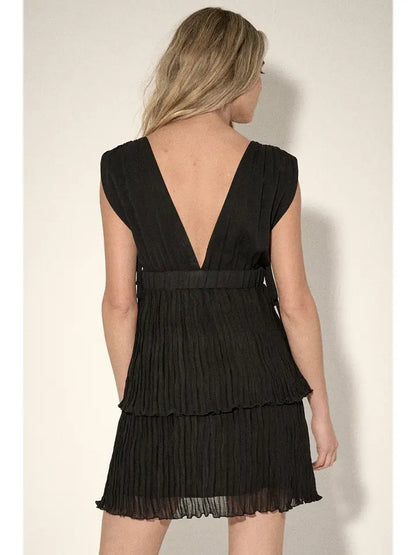 Pleated Chiffon V-Neck Mini Dress