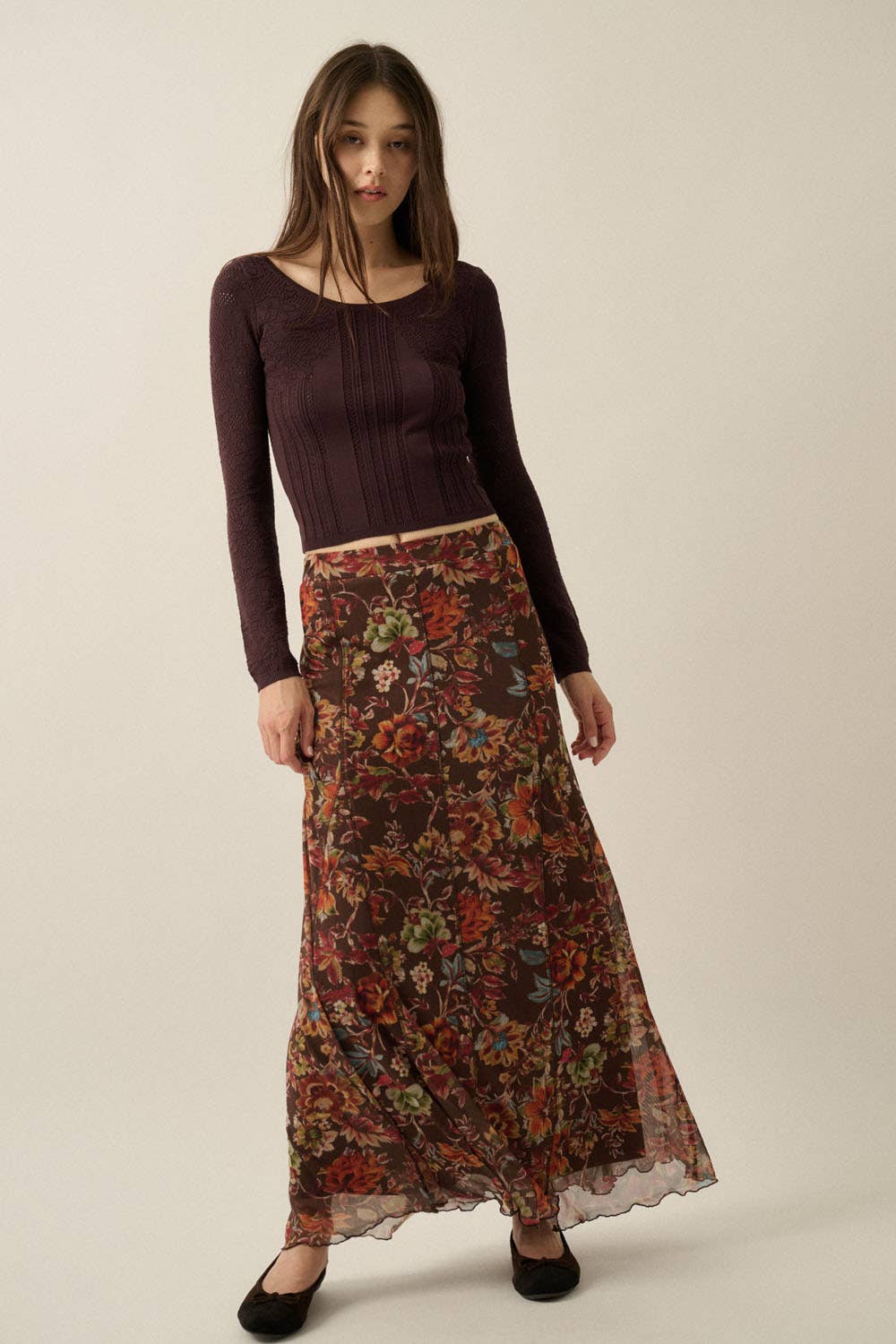 Floral-Print Mesh Godet-Pleat Elastic-Waist Maxi Skirt