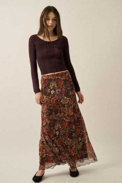 Floral-Print Mesh Godet-Pleat Elastic-Waist Maxi Skirt