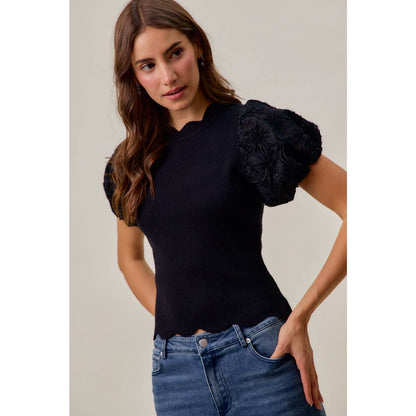 3D FLORAL CONTRAST SLEEVE SCALLOP SWEATER KNIT TOP