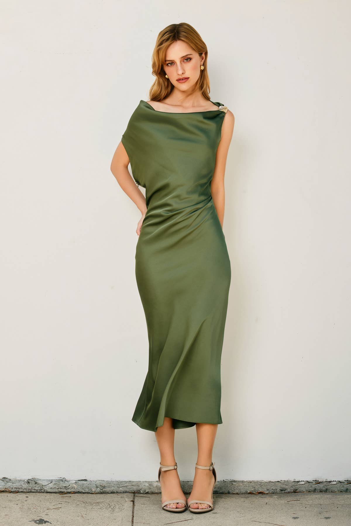 Satin Off The Shoulder Ruche Midi Dress