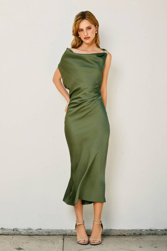 Satin Off The Shoulder Ruche Midi Dress