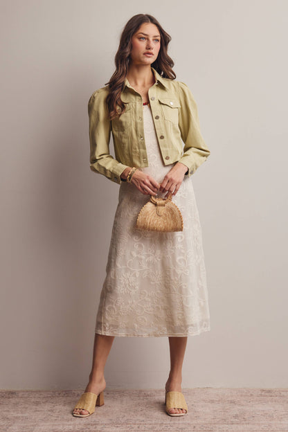Lightweight Twill Puff-Sleeve Cropped Jacket