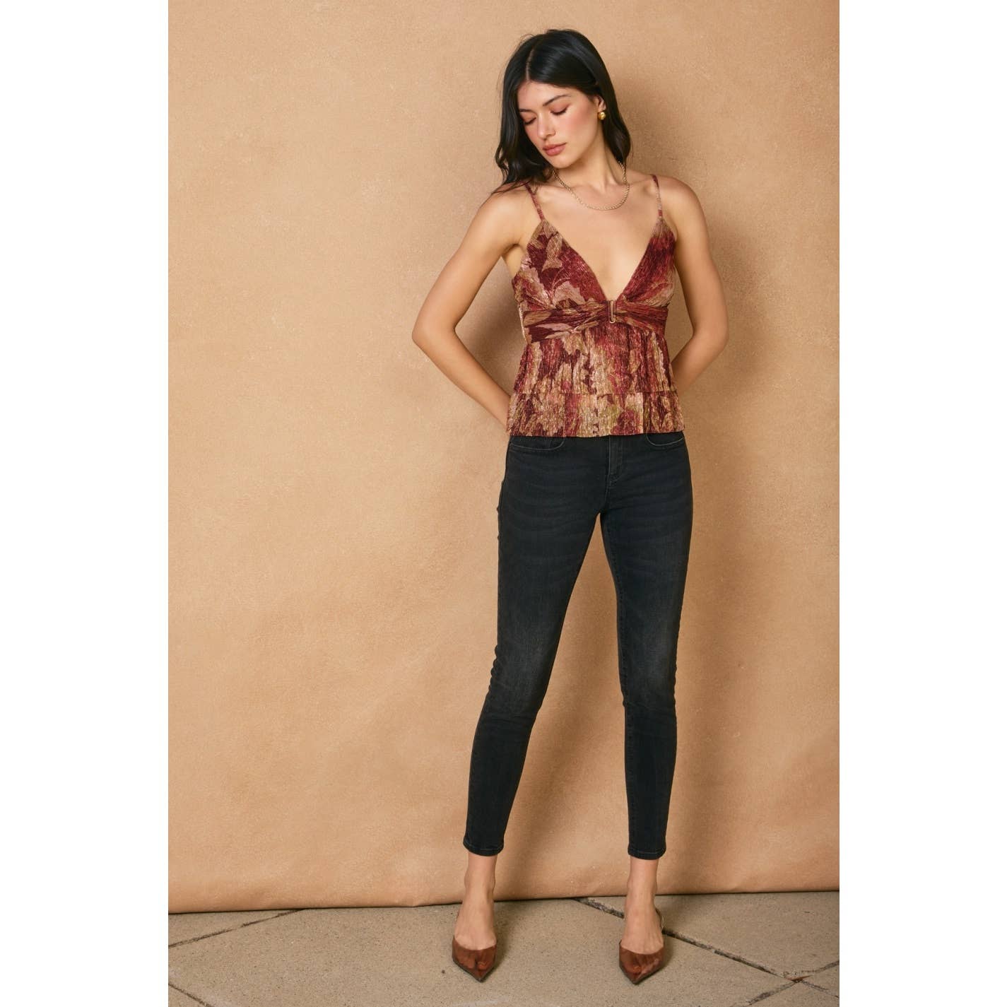 Night Rhythm Deep V-neck Pleated Top