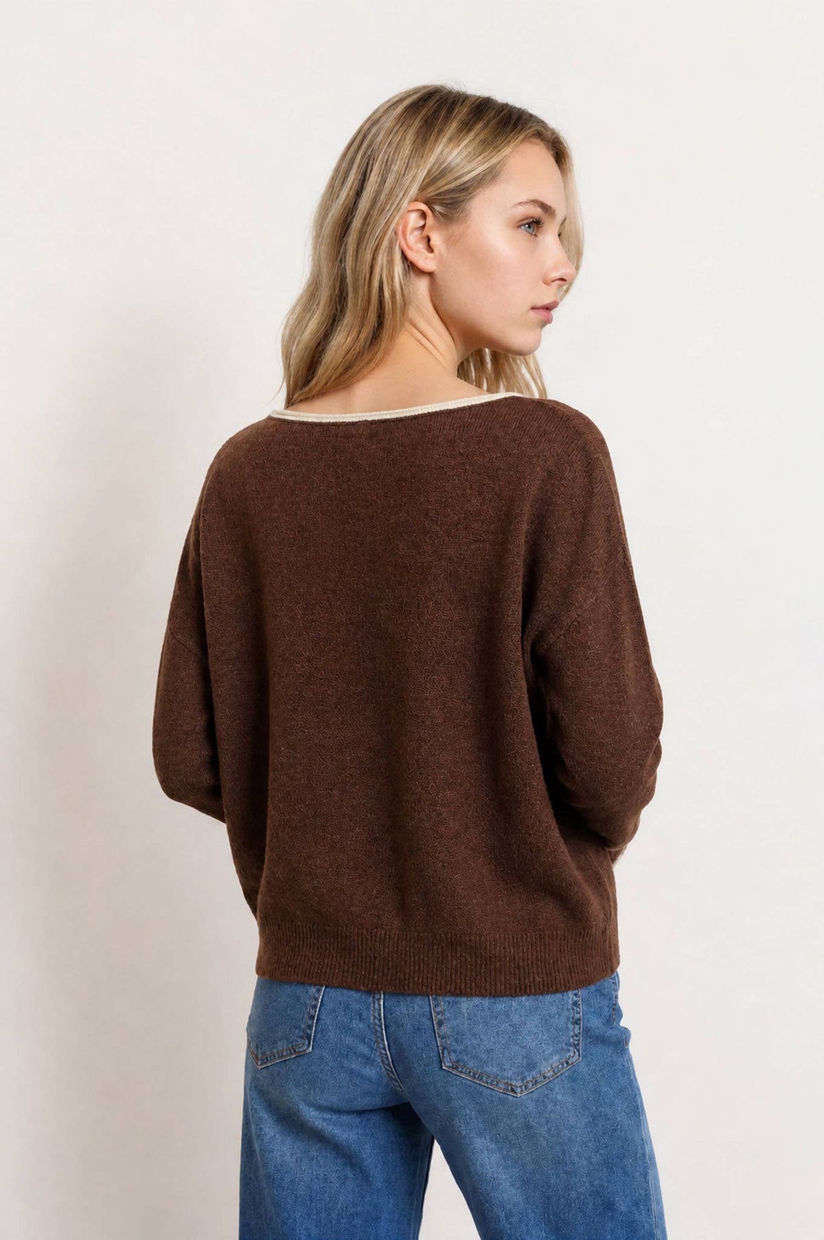 CONTRAST TRIM OFF SHOULDER LONG SLEEVE SWEATER