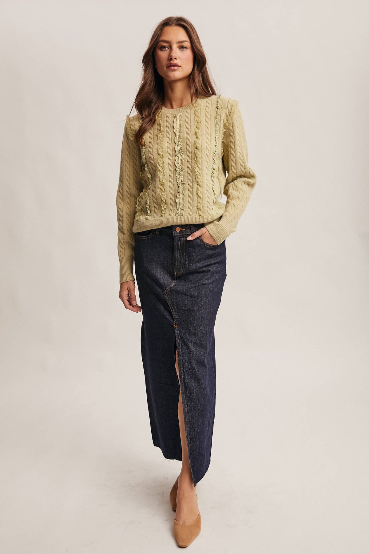 Lace Trim Cable Knit Pullover