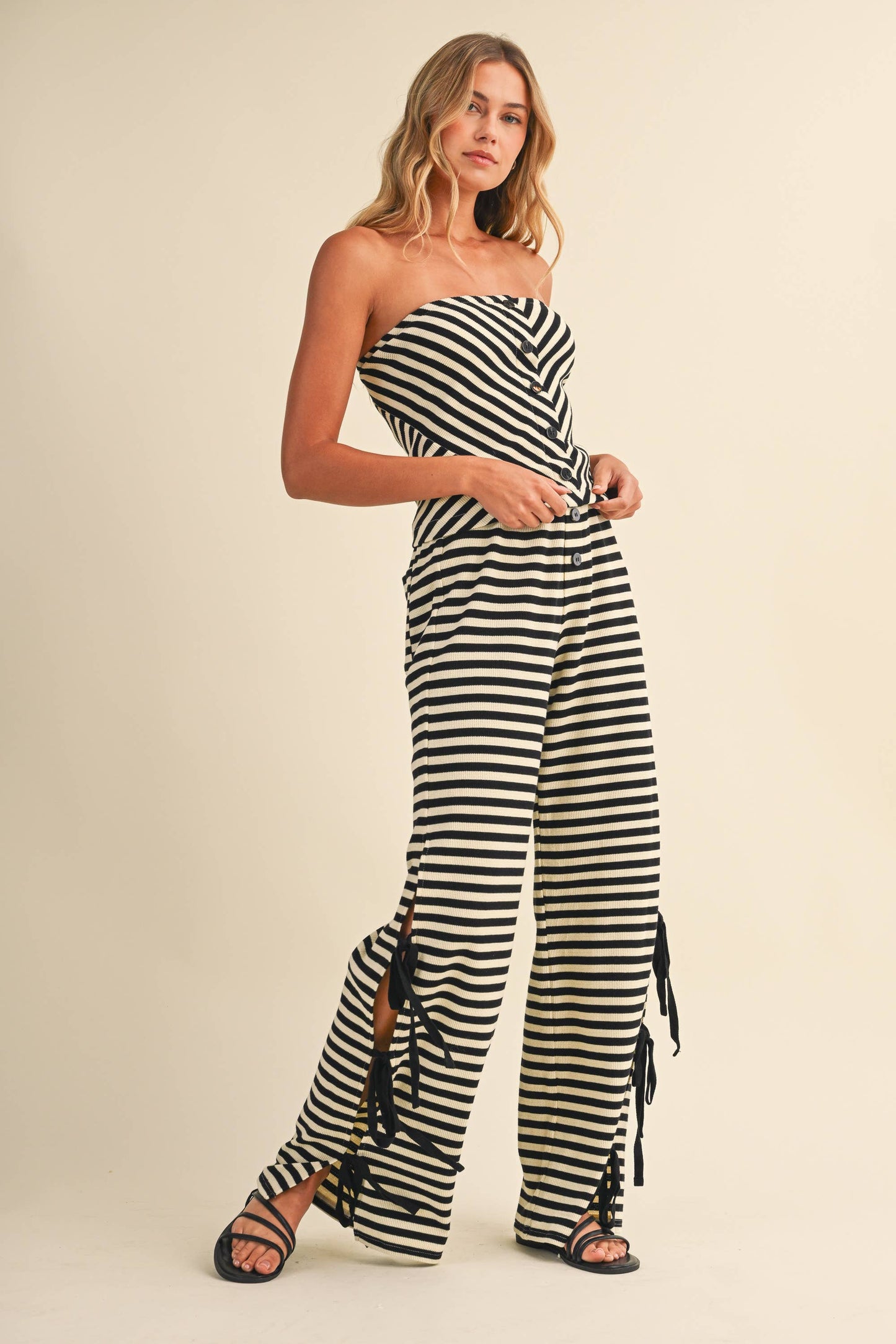 STRIPED TUBE TOP AND PANTS WITH SIDE BOW DETAILS