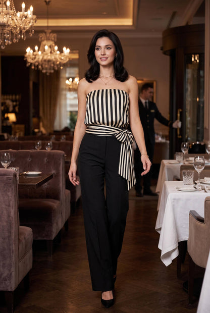 Striped Satin Strapless Tie Waist Top
