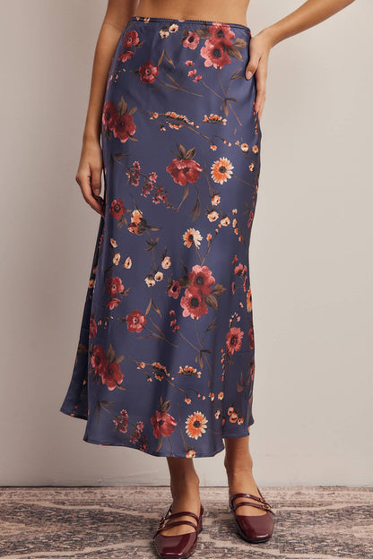 Floral Satin Midi Skirt