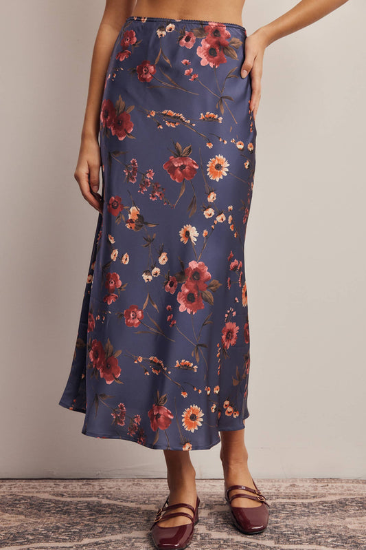 Floral Satin Midi Skirt