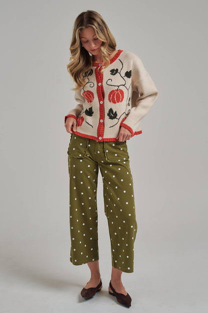 WIDE LEG POLKA DOT TWILL PANTS SCALLOP POCKET