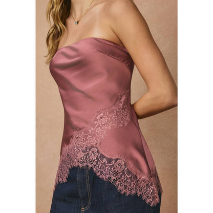 Satin Asymmetrical Lace Hem Sleeveless Top