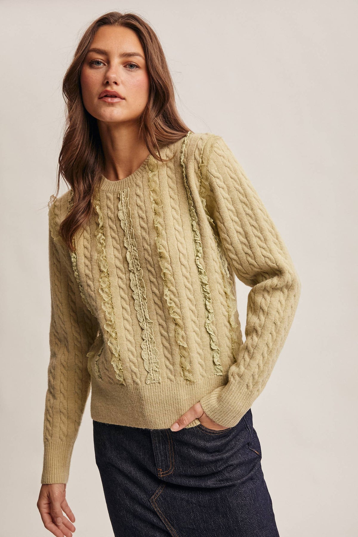Lace Trim Cable Knit Pullover
