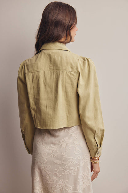 Lightweight Twill Puff-Sleeve Cropped Jacket